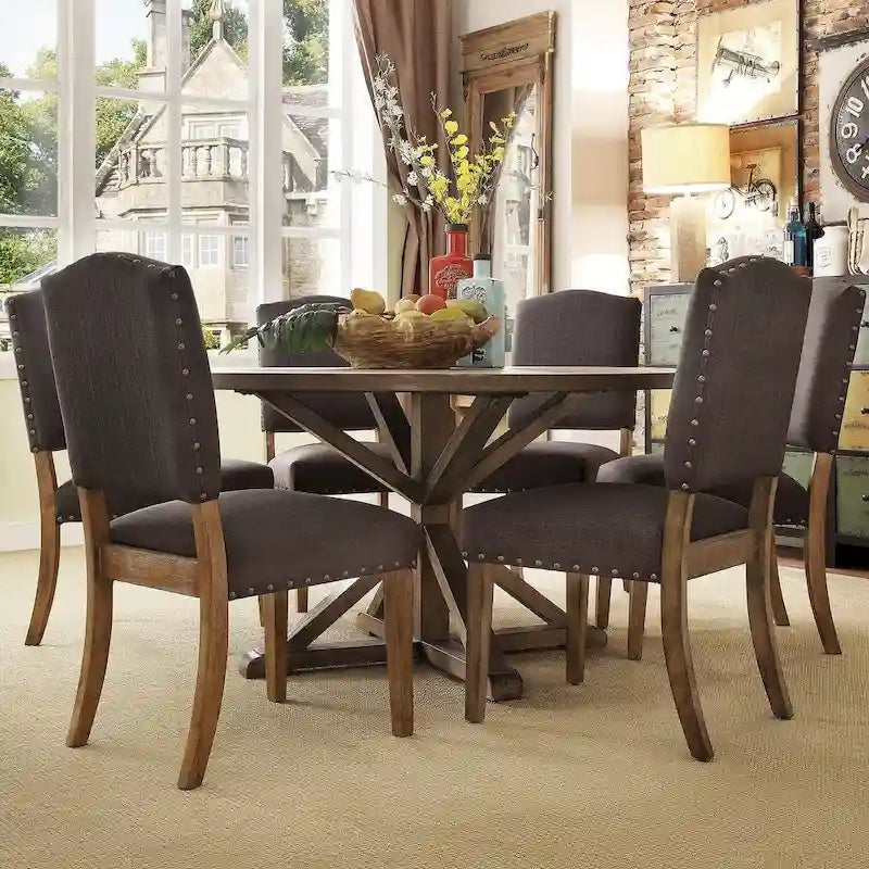 Benchwright Rustic X-base Round Pine Wood Nailhead 7-piece Dining Set by
