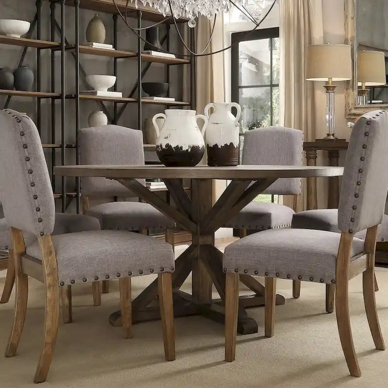 Benchwright Rustic X-base Round Pine Wood Nailhead 7-piece Dining Set by