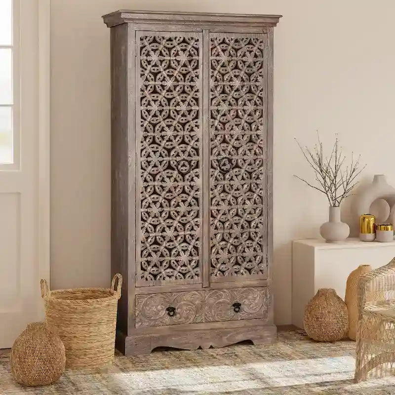 Maadze Mandolin 70.6 High Carved Armoire with Shelves and Drawers