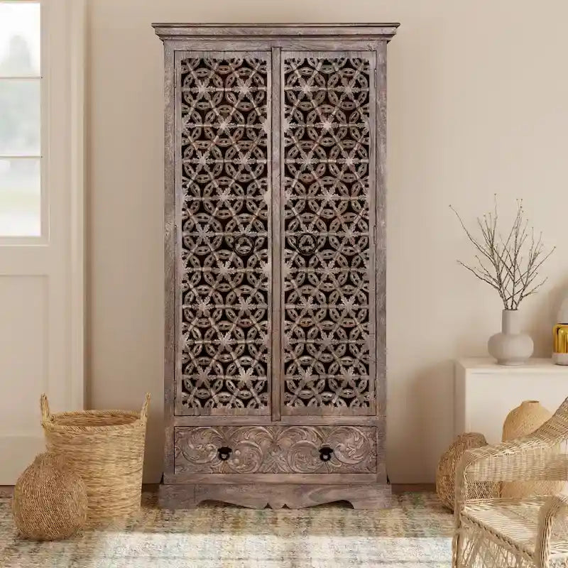 Maadze Mandolin 70.6 High Carved Armoire with Shelves and Drawers