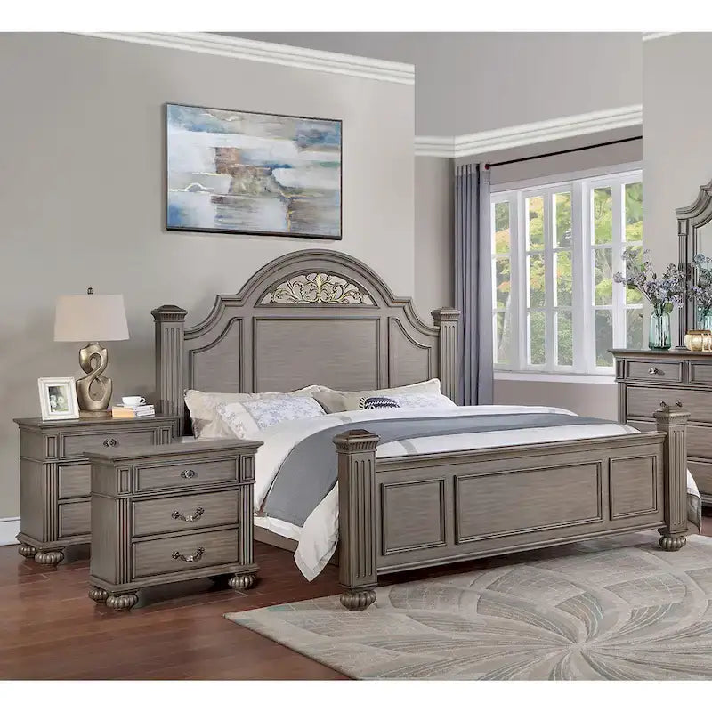 Vame 3-Piece Traditional Grey Wood Poster Bedroom Set With Two Nightstands by 