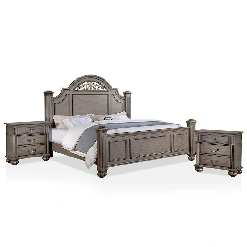 Vame 3-Piece Traditional Grey Wood Poster Bedroom Set With Two Nightstands by