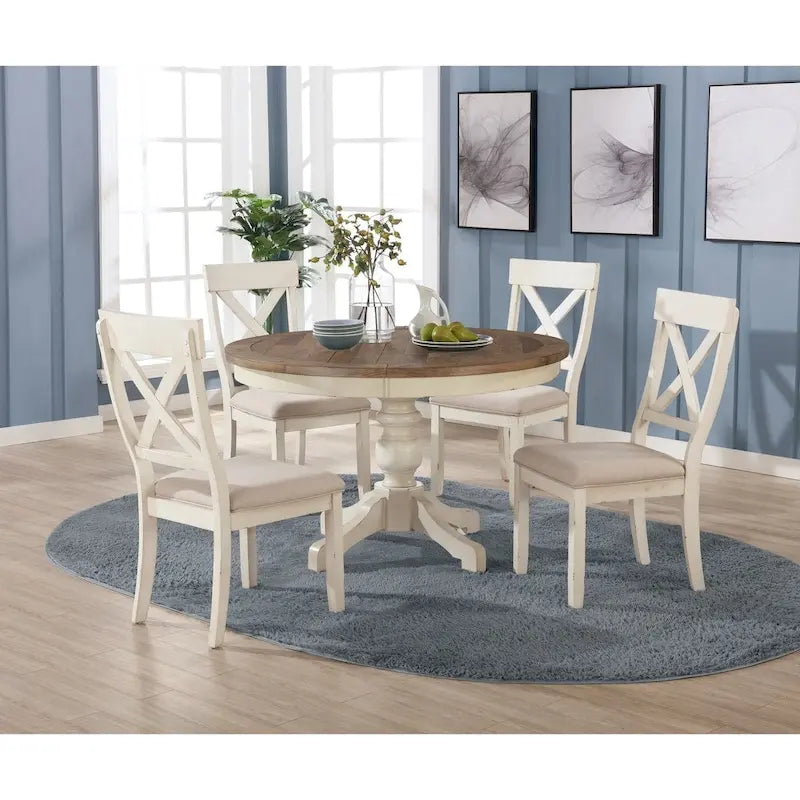  Prato 5-Piece Round Dining Table Set with Cross Back Chairs, Antique White and Distressed Oak