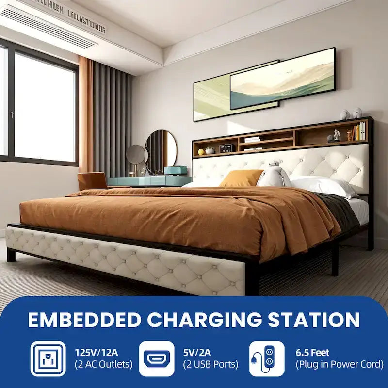 Modern King Upholstered Storage Bed With USB Power pad