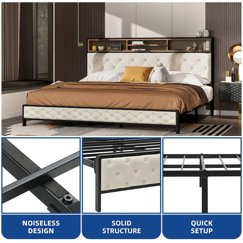 Modern King Upholstered Storage Bed With USB Power pad