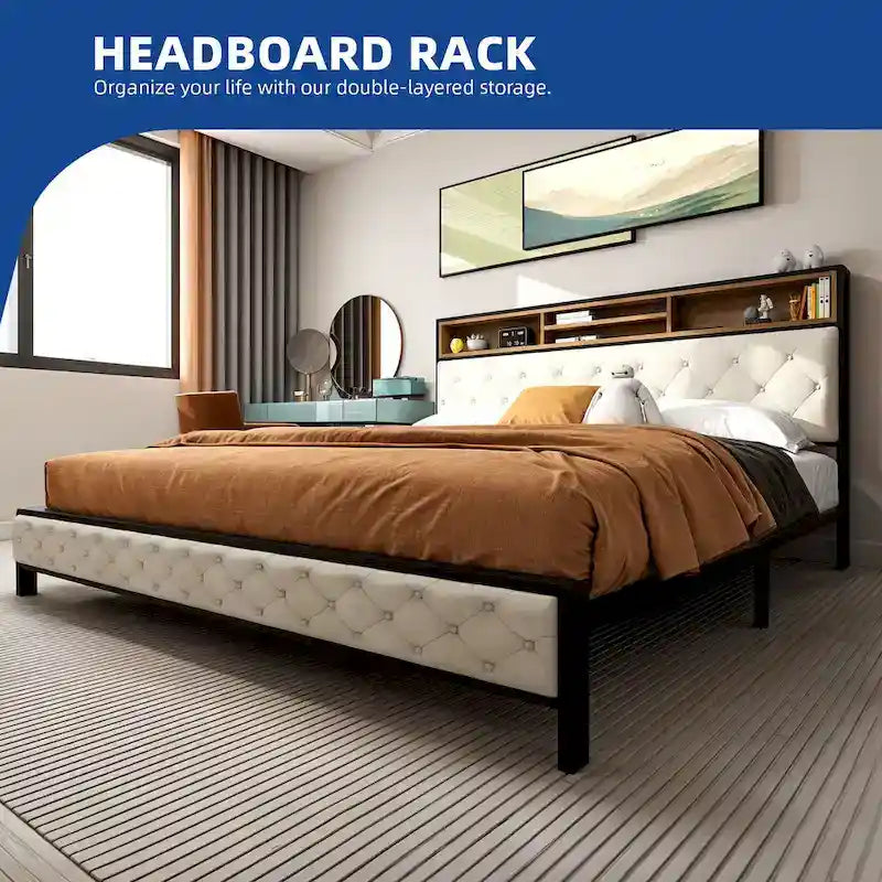 Modern King Upholstered Storage Bed With USB Power pad