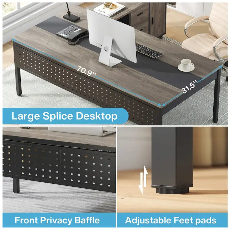 70.8 Inch L-shaped Computer Desk with Reversible File Drawer Cabinet, Executive Office Desk