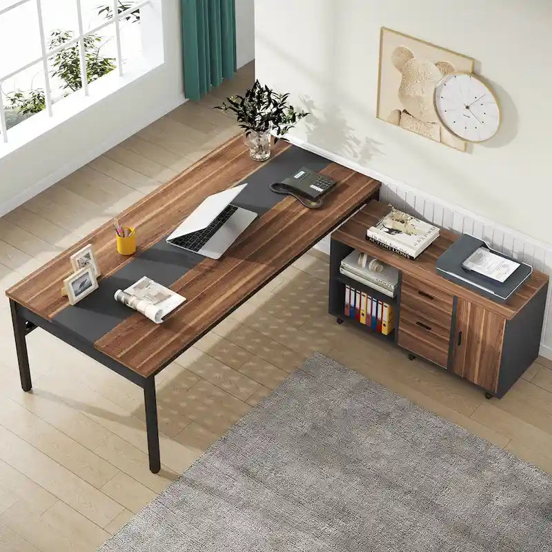 70.8 Inch L-shaped Computer Desk with Reversible File Drawer Cabinet, Executive Office Desk