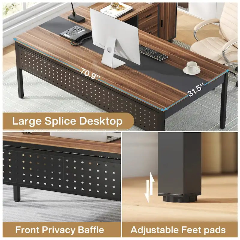 70.8 Inch L-shaped Computer Desk with Reversible File Drawer Cabinet, Executive Office Desk