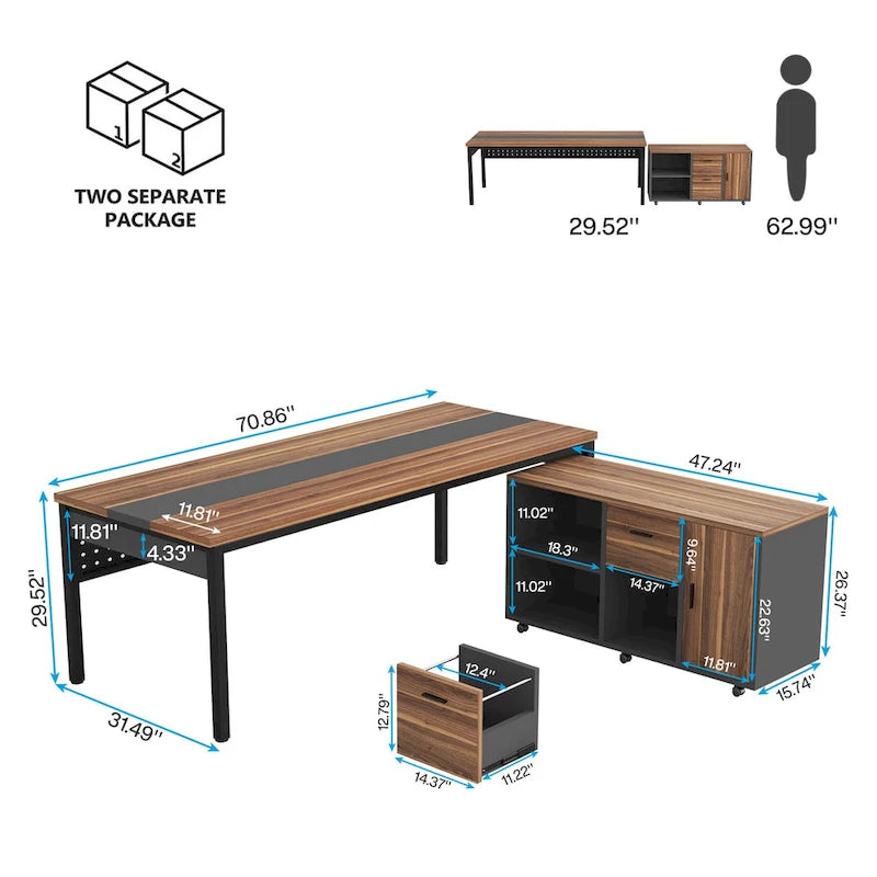70.8 Inch L-shaped Computer Desk with Reversible File Drawer Cabinet, Executive Office Desk