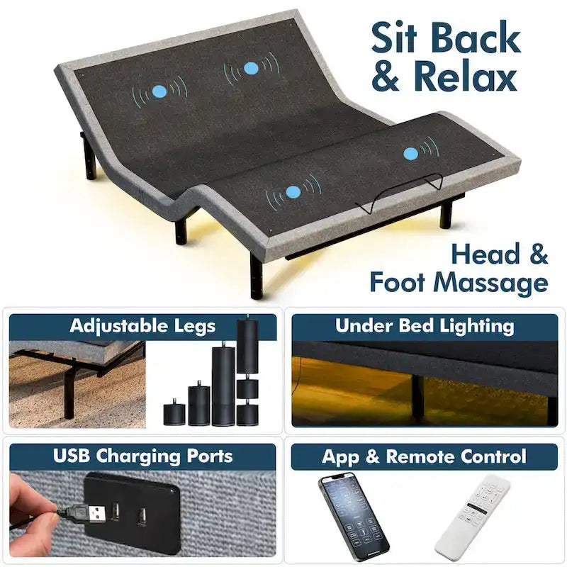 Renanim Adjustable Bed Frame with 14-inch Hybrid Mattress, Dual Massage, USB Ports, App Control, Underbed Light, Remote