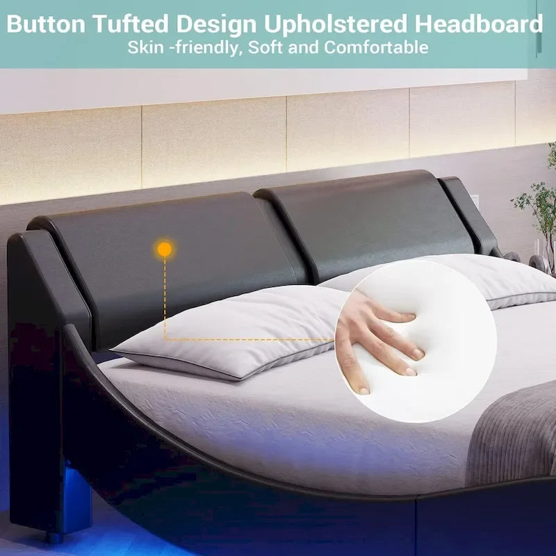 Queen Modern Upholstered Platform Bed Frame with LED Lights