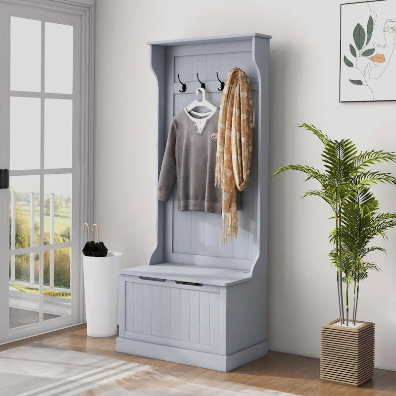 HOMCOM 28 3-In-1 Entryway Hall Tree with Storage Bench, Coat Rack with Four Hooks and Shoe Storage, Gray