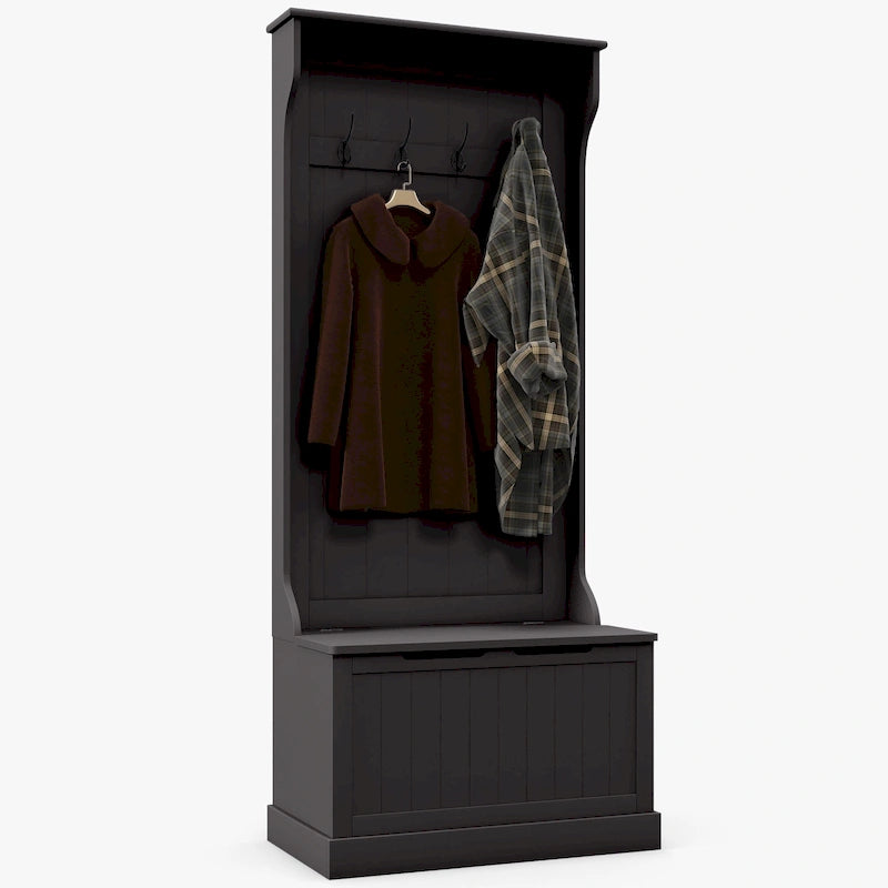HOMCOM 28 3-In-1 Entryway Hall Tree with Storage Bench, Coat Rack with Four Hooks and Shoe Storage, Gray