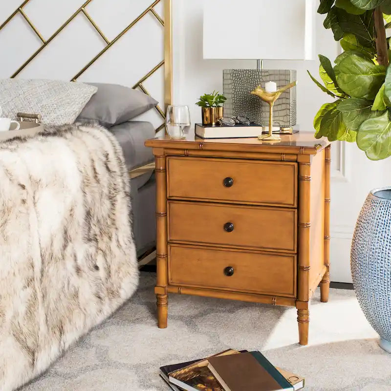 SAFAVIEH Jasmyne Modern Coastal 3-Drawer Navy Bamboo Nightstand