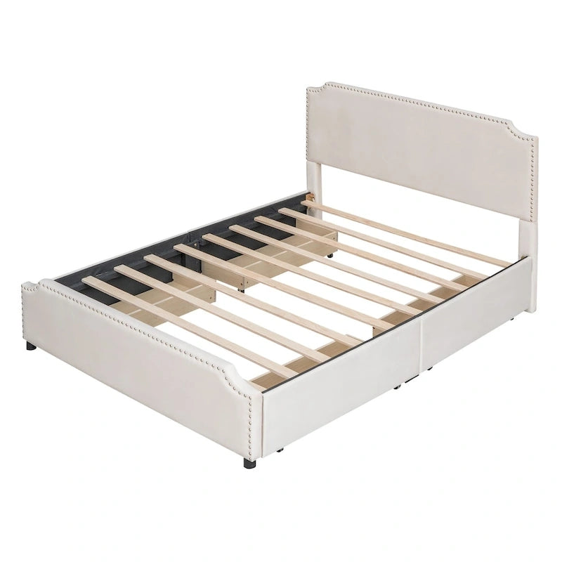 Upholstered Platform Bed with Stud Trim Headboard and Footboard and 4 Drawers No Box Spring Needed, Velvet Fabric, Queen Size