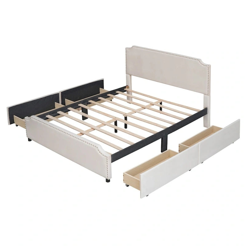 Upholstered Platform Bed with Stud Trim Headboard and Footboard and 4 Drawers No Box Spring Needed, Velvet Fabric, Queen Size