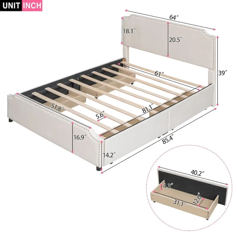 Upholstered Platform Bed with Stud Trim Headboard and Footboard and 4 Drawers No Box Spring Needed, Velvet Fabric, Queen Size