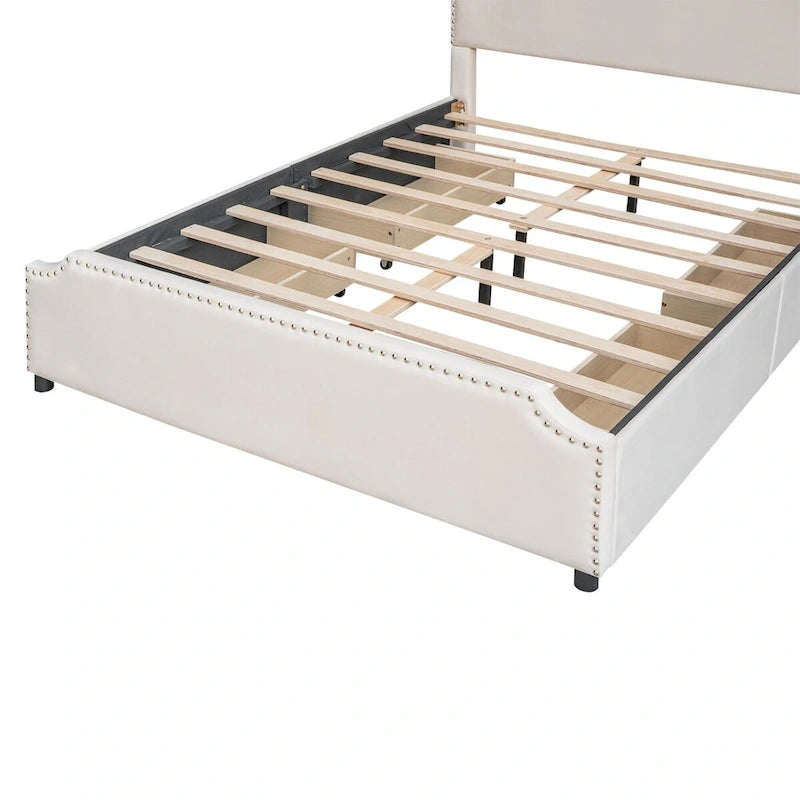 Upholstered Platform Bed with Stud Trim Headboard and Footboard and 4 Drawers No Box Spring Needed, Velvet Fabric, Queen Size