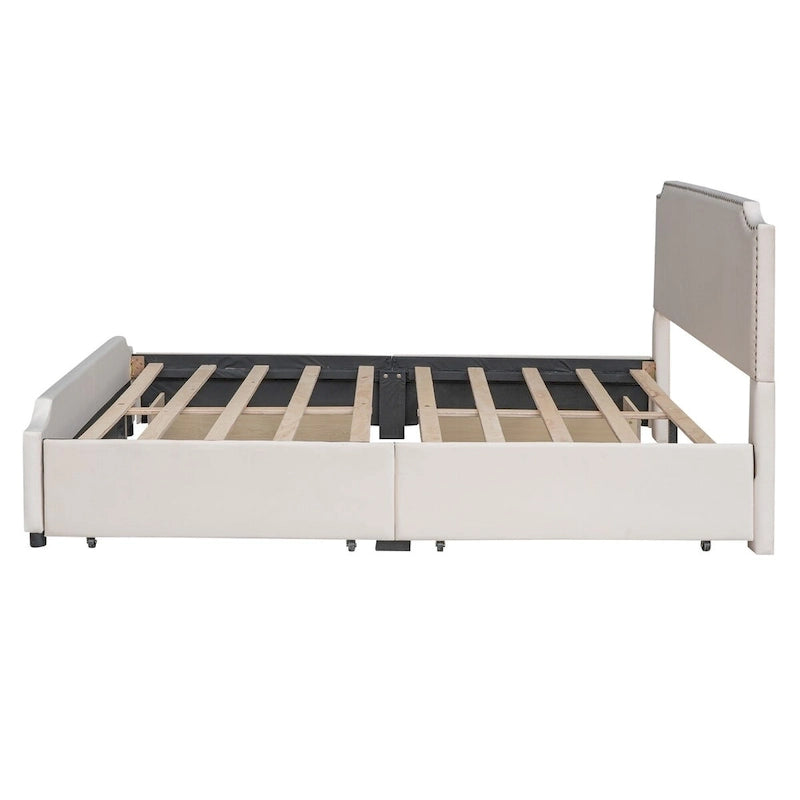 Upholstered Platform Bed with Stud Trim Headboard and Footboard and 4 Drawers No Box Spring Needed, Velvet Fabric, Queen Size