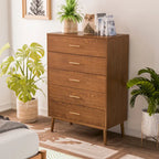 Beau Midcentury Walnut 5-Drawer Chest with Interlocking Drawers