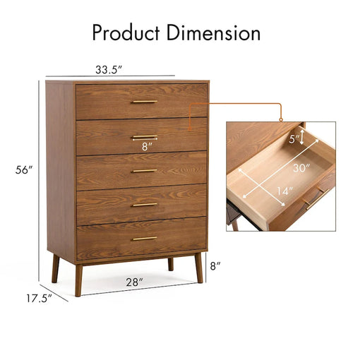 Beau Midcentury Walnut 5-Drawer Chest with Interlocking Drawers