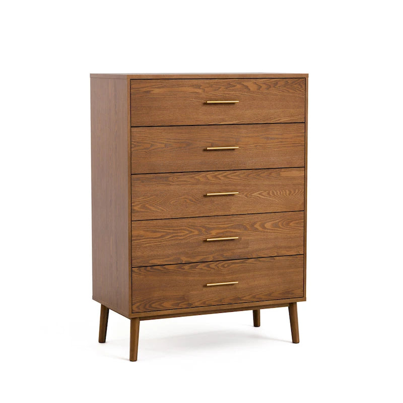 Beau Midcentury Walnut 5-Drawer Chest with Interlocking Drawers