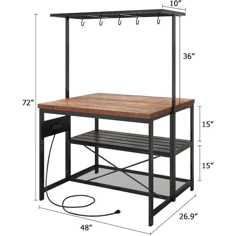 47 Kitchen Island Bakers Rack with 3 Tier Shelf and Hooks - N/A