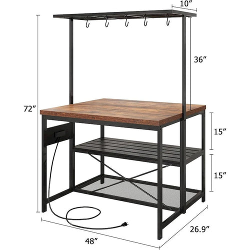 47 Kitchen Island Bakers Rack with 3 Tier Shelf and Hooks - N/A