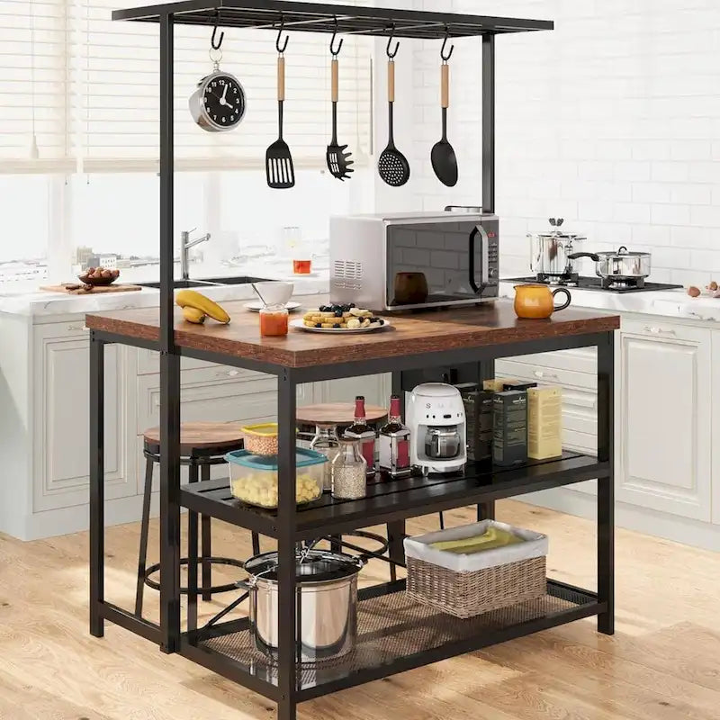 47 Kitchen Island Bakers Rack with 3 Tier Shelf and Hooks - N/A