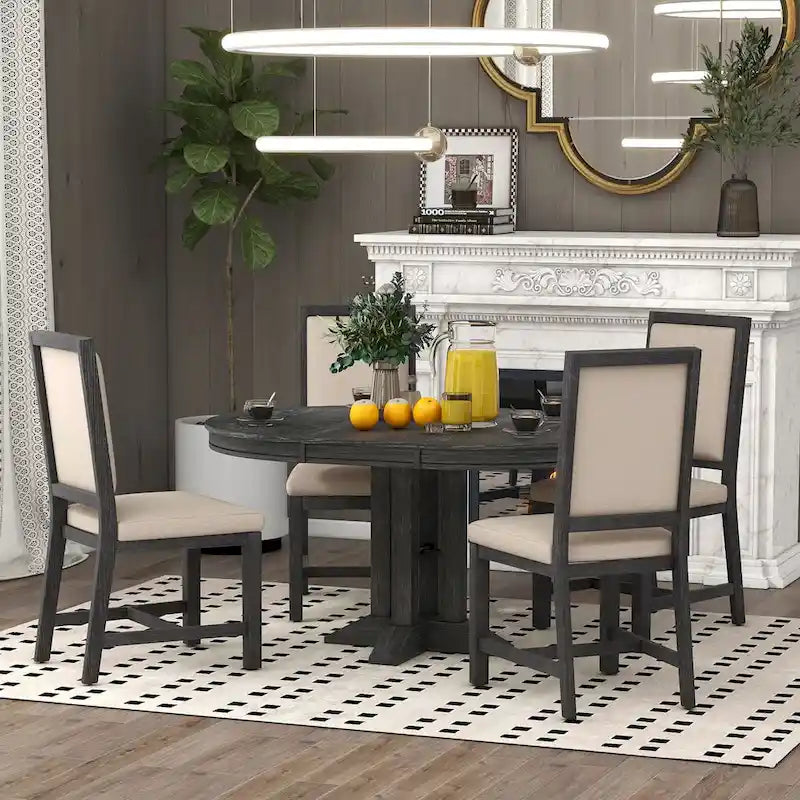 5-Piece Dining Set Extendable Round Table and 4 Upholstered Chairs Farmhouse Dining Set for Kitchen, Dining Room(Black)