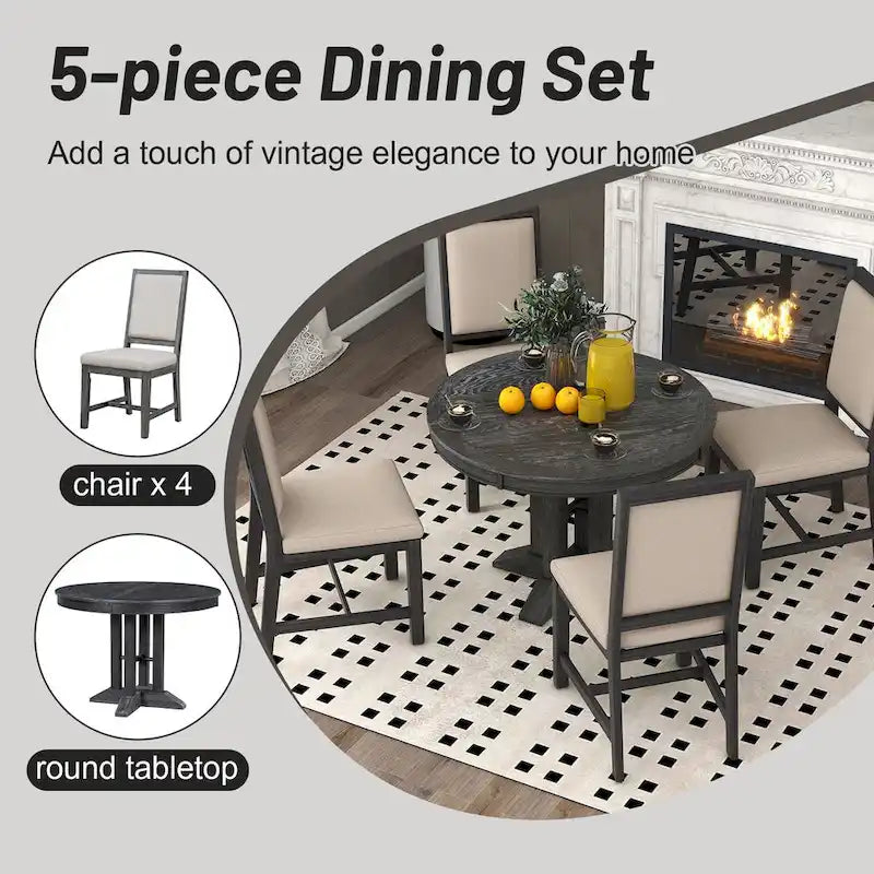 5-Piece Dining Set Extendable Round Table and 4 Upholstered Chairs Farmhouse Dining Set for Kitchen, Dining Room(Black)