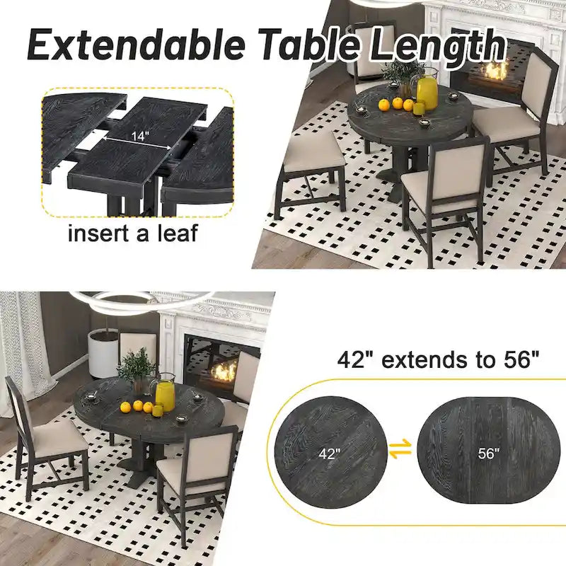 5-Piece Dining Set Extendable Round Table and 4 Upholstered Chairs Farmhouse Dining Set for Kitchen, Dining Room(Black)