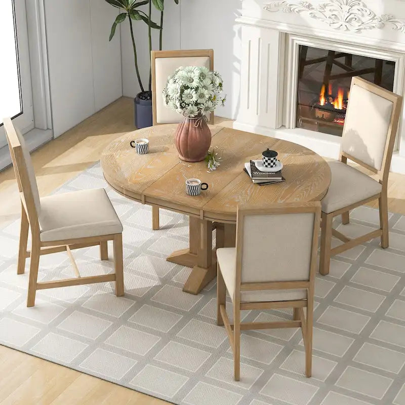 5-Piece Dining Set Extendable Round Table and 4 Upholstered Chairs Farmhouse Dining Set for Kitchen, Dining Room(Black)