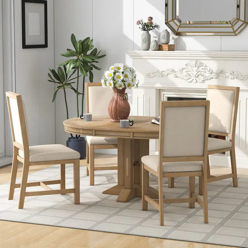 5-Piece Dining Set Extendable Round Table and 4 Upholstered Chairs Farmhouse Dining Set for Kitchen, Dining Room(Black)