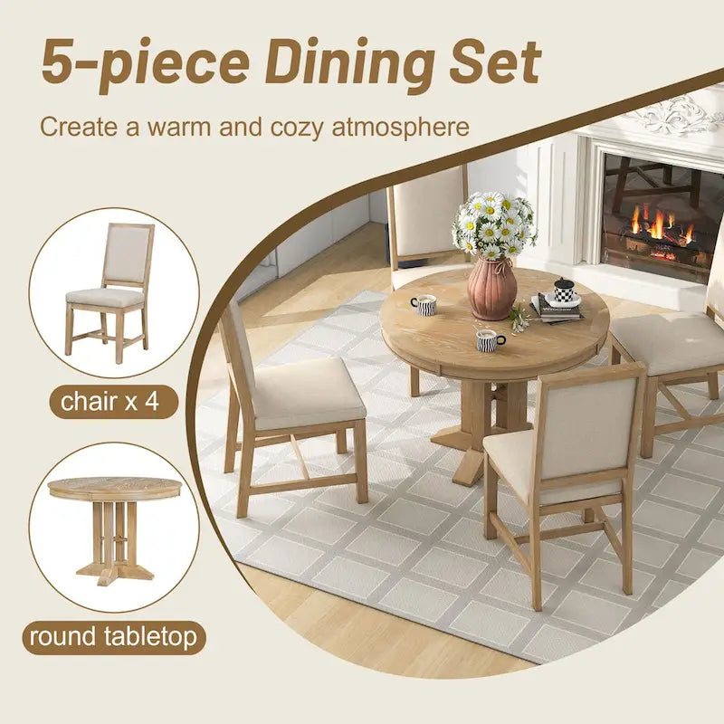 5-Piece Dining Set Extendable Round Table and 4 Upholstered Chairs Farmhouse Dining Set for Kitchen, Dining Room(Black)