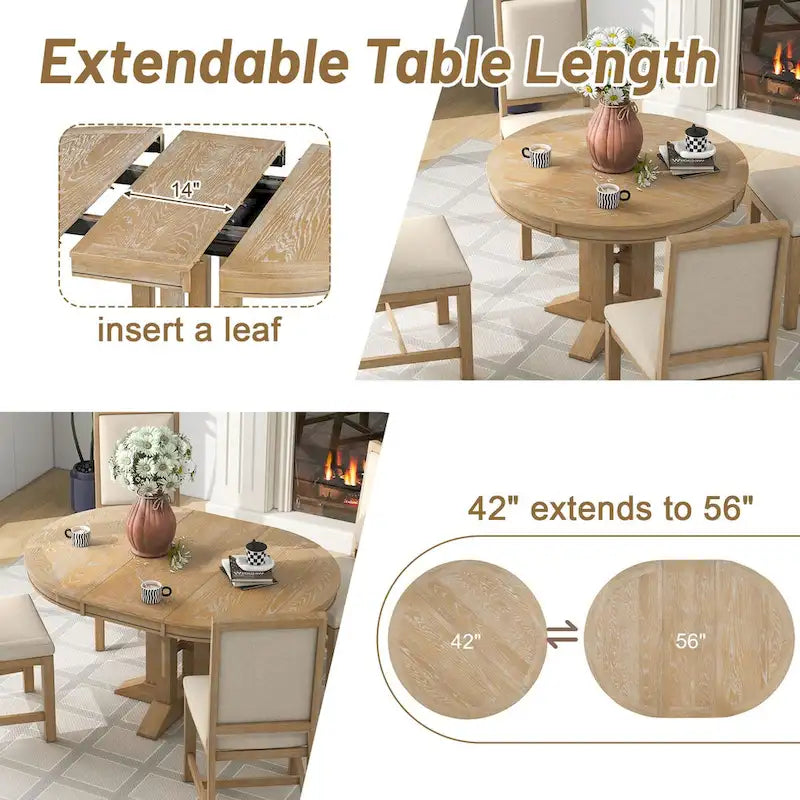5-Piece Dining Set Extendable Round Table and 4 Upholstered Chairs Farmhouse Dining Set for Kitchen, Dining Room(Black)