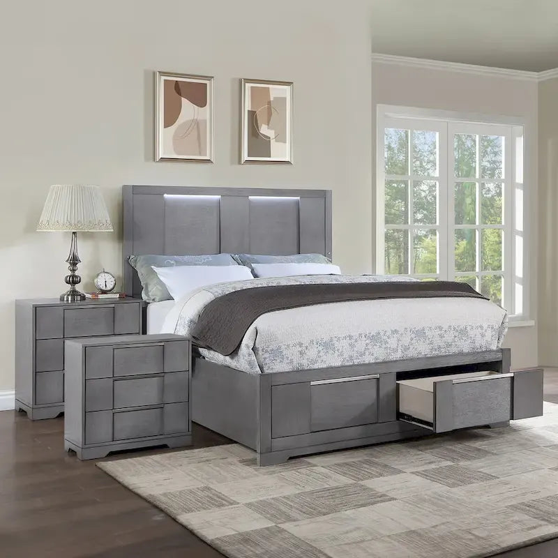  Tona Contemporary 3-Piece Grey Wood Storage Platform Bedroom Set with LED Lights