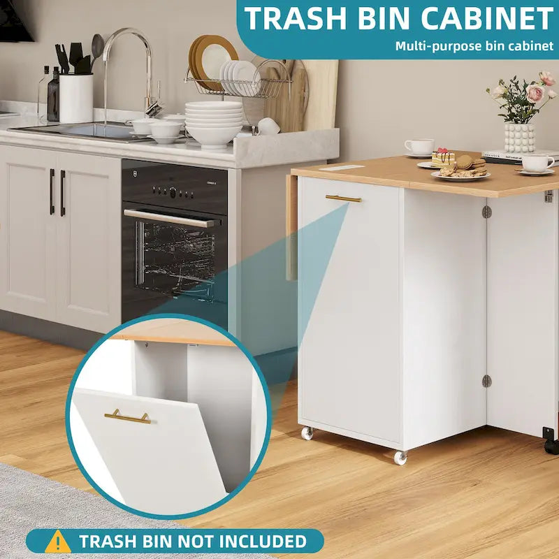 Foldable Kitchen Island With Trash Can Storage Cabinet