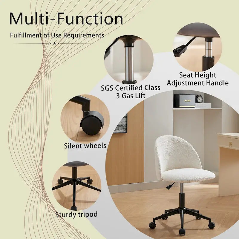 Boucle office chair Desk Chair,Mid-Back Adjustable Swivel Computer Chair with Black Legs,Upholstered Desk Chair with Wheels